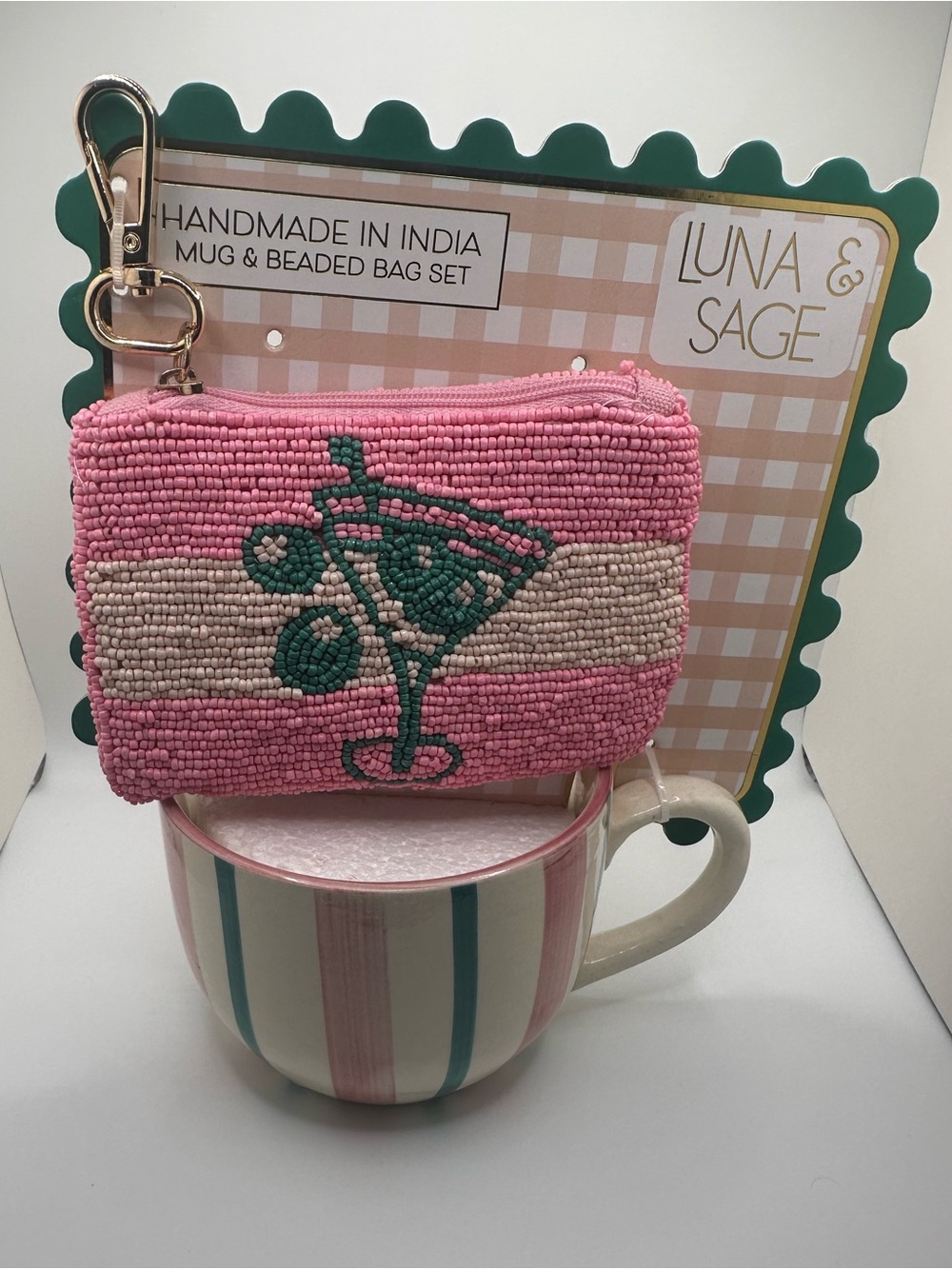 Luna & Sage Pink Beaded Cosmetic Wristlet Pouch
